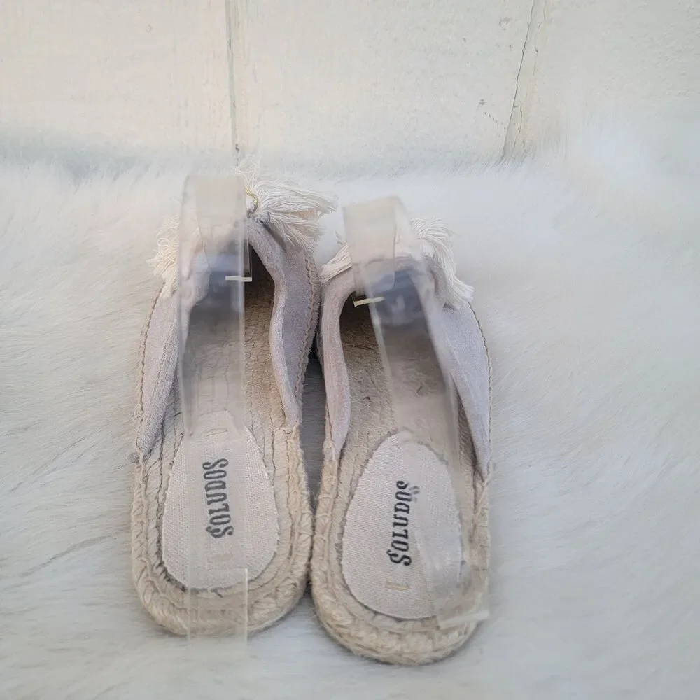 Soludos Tassel Espadrille Mules Womens size 7 Shoes Flats Natural Suede Gray